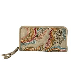 Free People Embroidered Cream Leather Zip Wallet with Multicolor Beaded Pattern